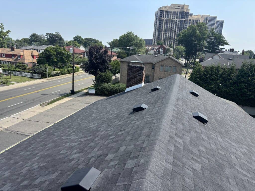 Completed charcoal architectural shingle roof replacement by Gaby Roofing in Bergen County, NJ