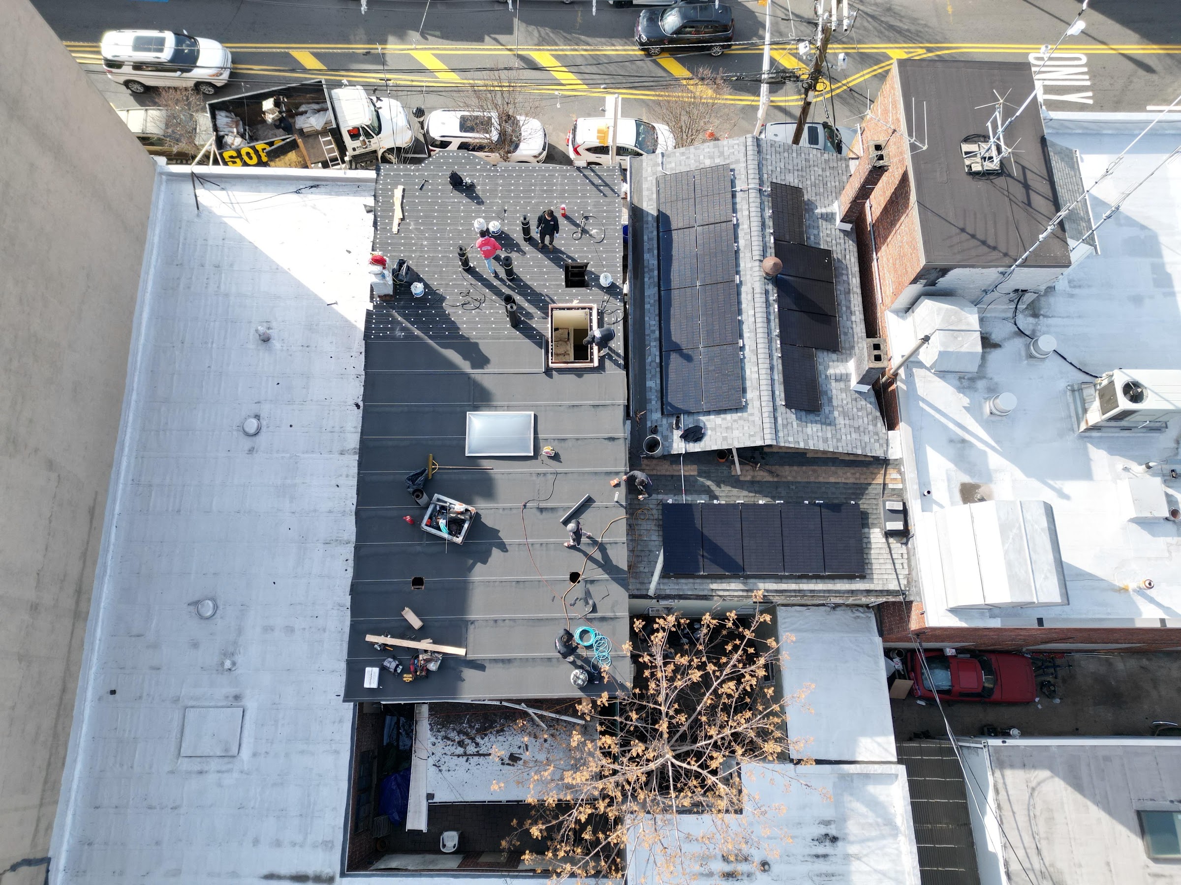 Aerial view of Gaby Roofing flat roof installation in NJ