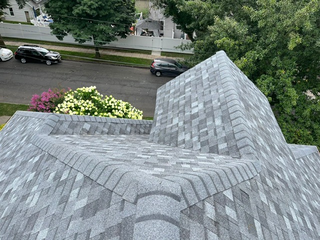 Aerial drone photo of completed architectural shingle roof by Gaby Roofing in New Jersey